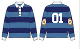 Blue and yellow striped rugby shirt with '01' design on a white background